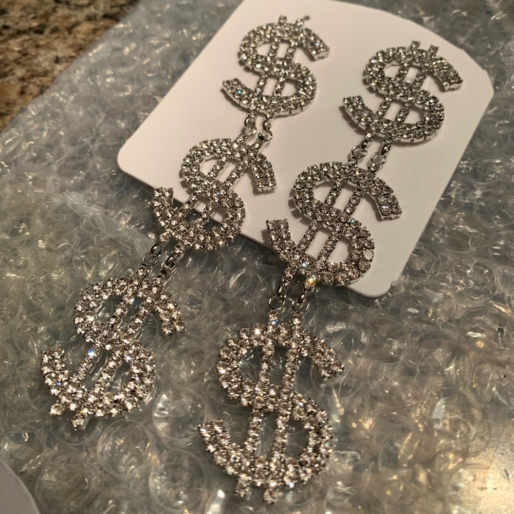 Silver dollar sign earrings